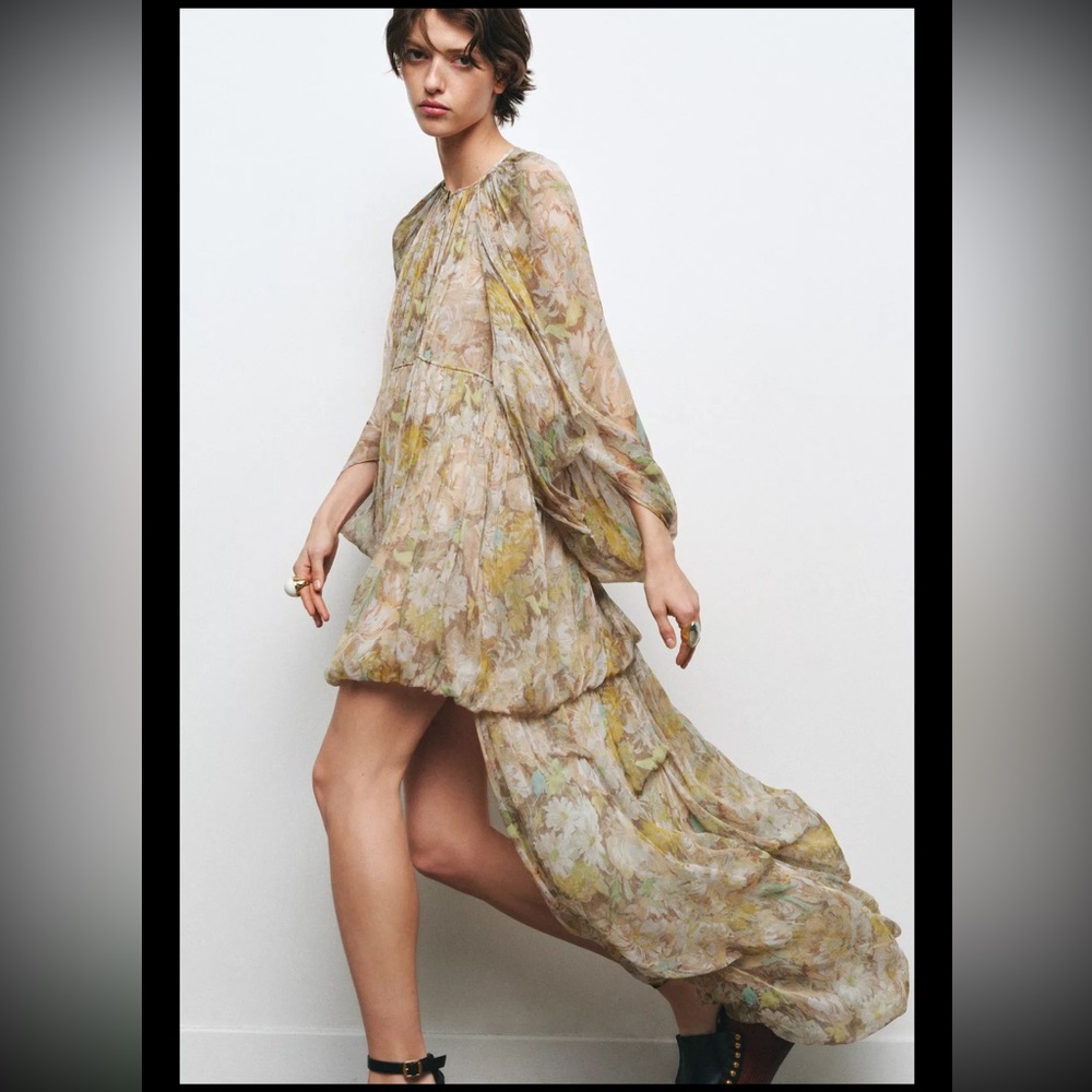 Zara Cream and Yellow High-Low Sundress with Bishop Sleeves, perfect condition